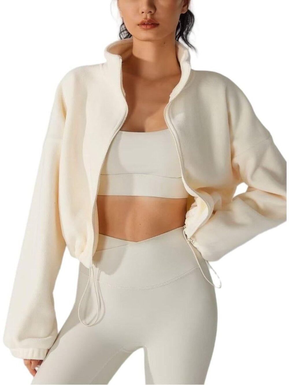 Women Ivory Oversized Drop Shoulders Full-zip Long Sleeve Cropped Fleece Jacket